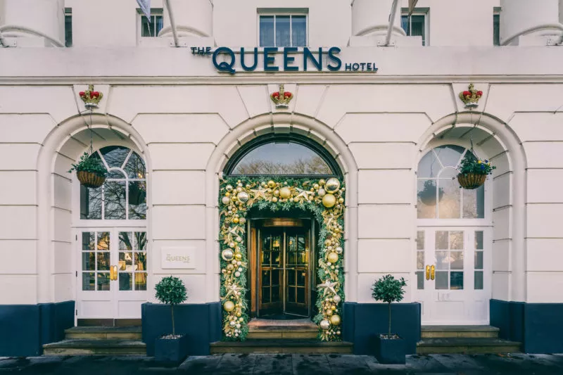 The Front of the Queens Hotel with Christmas decorations