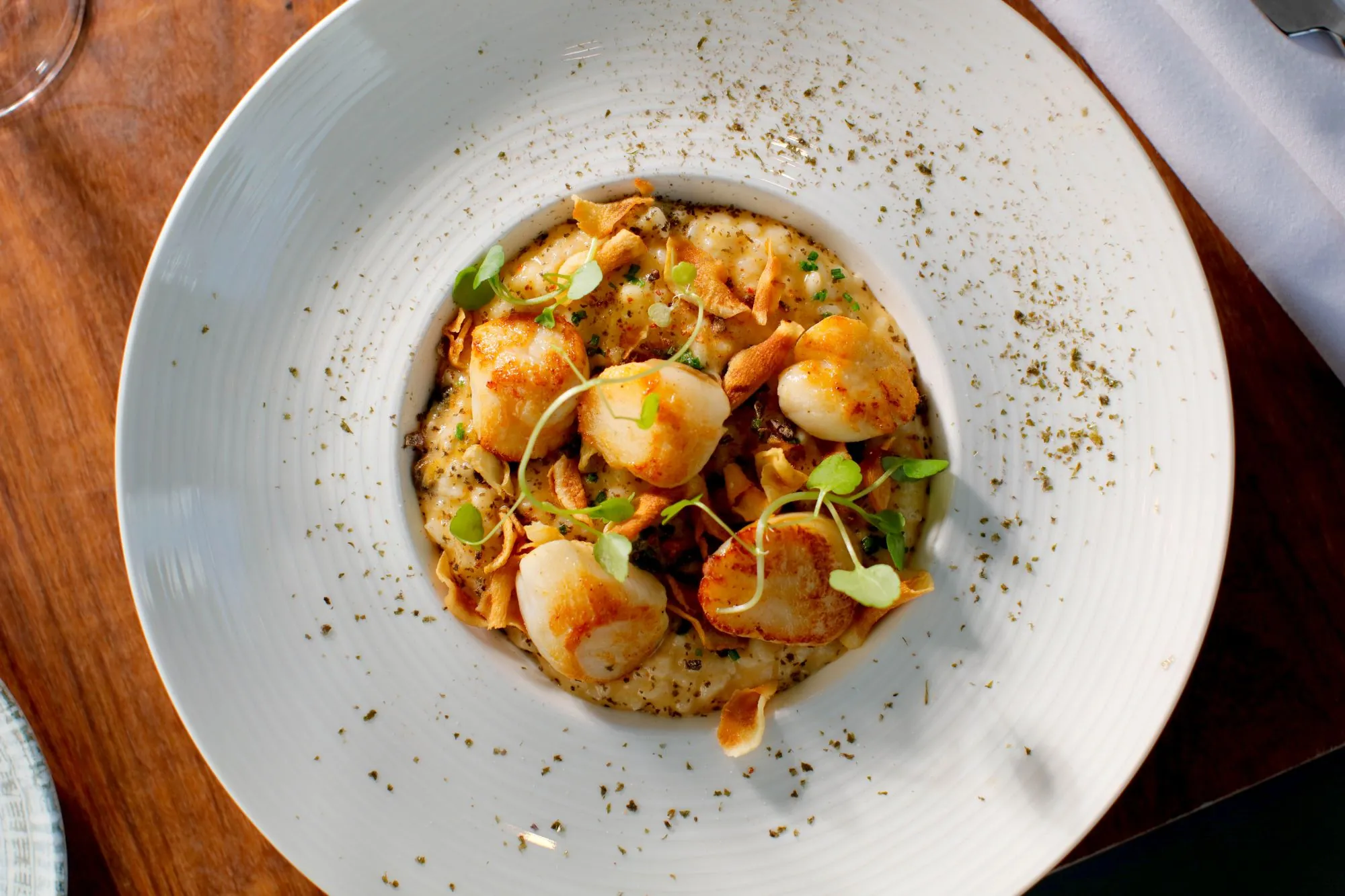 The Queens Hotel pan fried scallops shellfish and mussel risotto from above