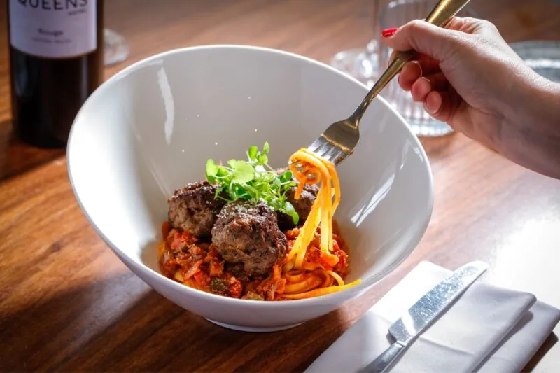 The Queens Hotel Cheltenham fork in homemade meatballs
