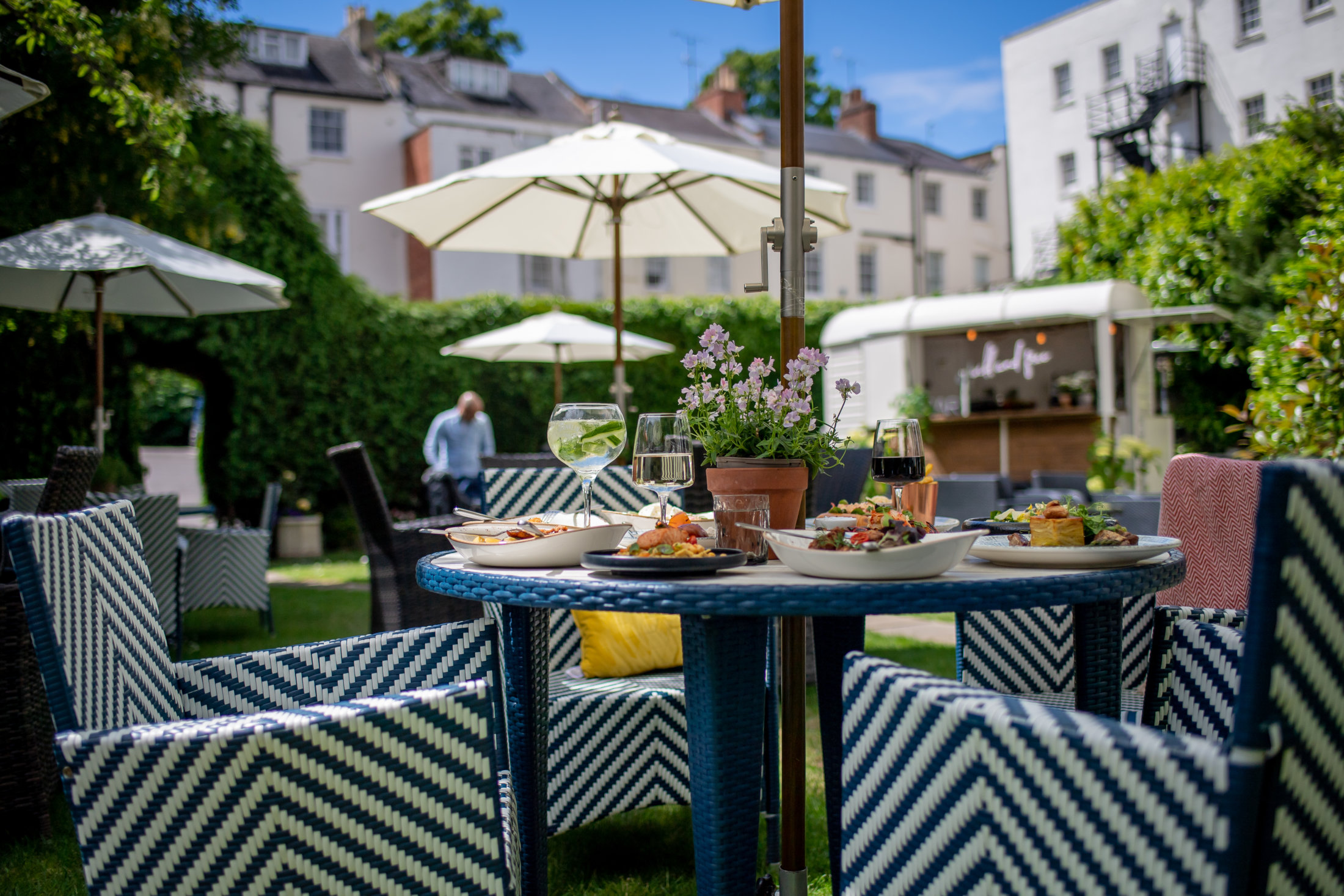 Food and drinks in the summer garden at the Queens Hotel Cheltenham