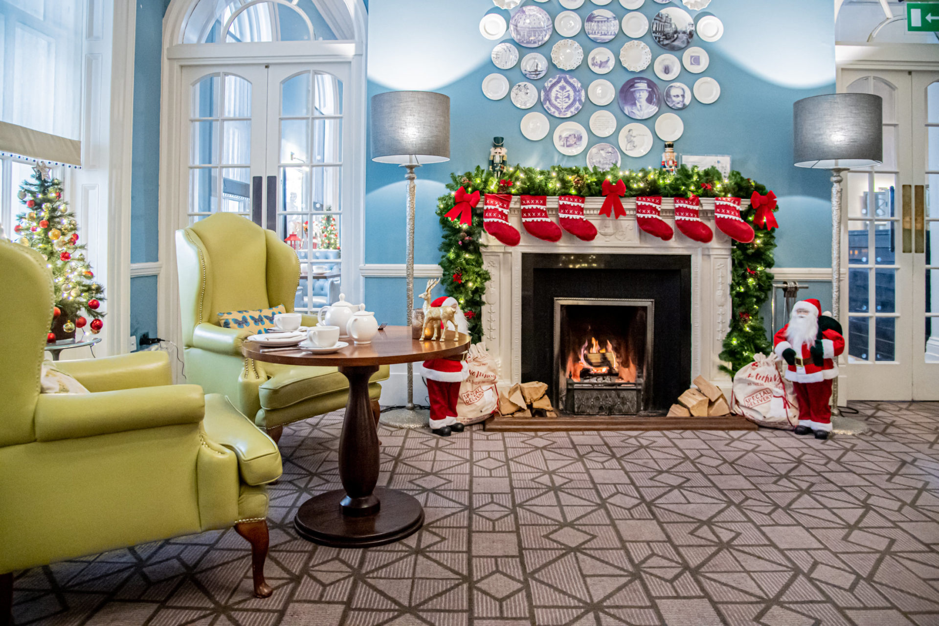 Fireplace festive set up Queens Hotel Cheltenham